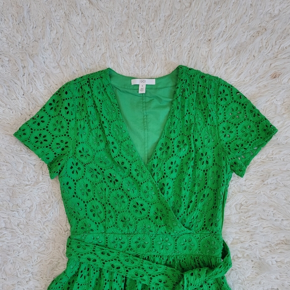 1901 Emeral Eyelet Faux Wrap Cotton Midi Dress Sz 6 - Picture 4 of 11